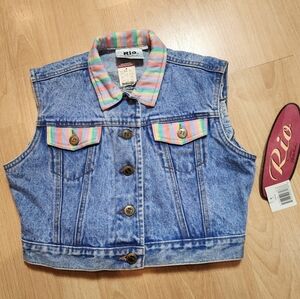 NWT Vintage Rio Denim Cropped Vest Rainbow Stripe Trim Size Medium